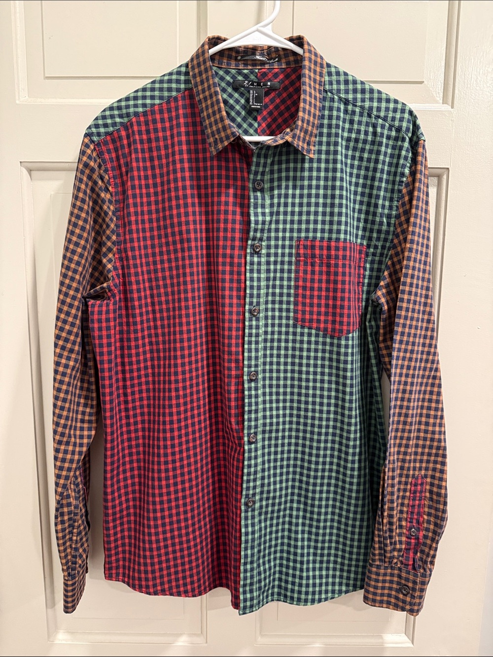 21 Men Colorblock Gingham Split Panel Button Down Shirt Fitted Size M